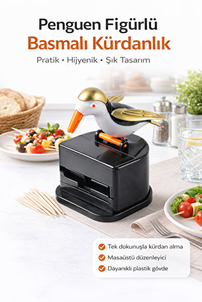 Ecuy Penguen Figürlü Otomatik Kürdanlık Basmalı Hijyenik Kapalı Hazneli Dekor...