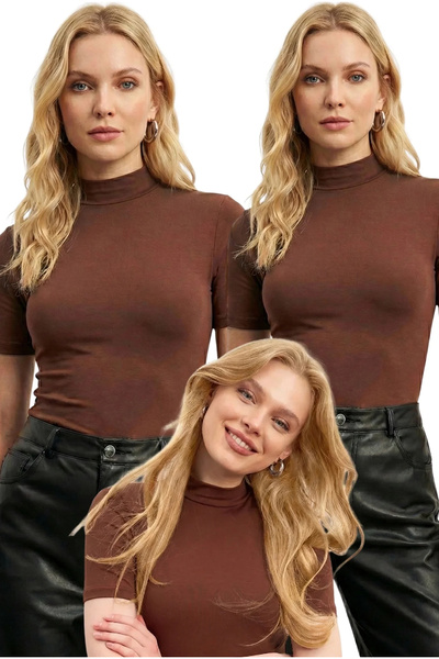 bysoca Bluză de bază din bumbac, cu mânecă scurtă, cu guler pe gât, maro, pen...