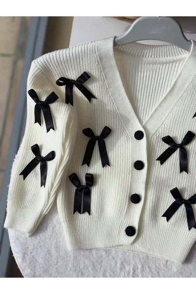 Miniminnakkidswear Girl's Knitted Cardigan with Ribbon Details