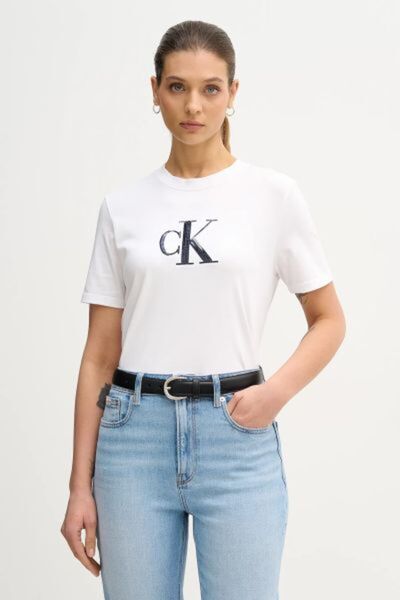 Calvin Klein Τζιν μπλουζάκι με στρογγυλή λαιμόκοψη και στάμπα, λευκό γυναικεί...