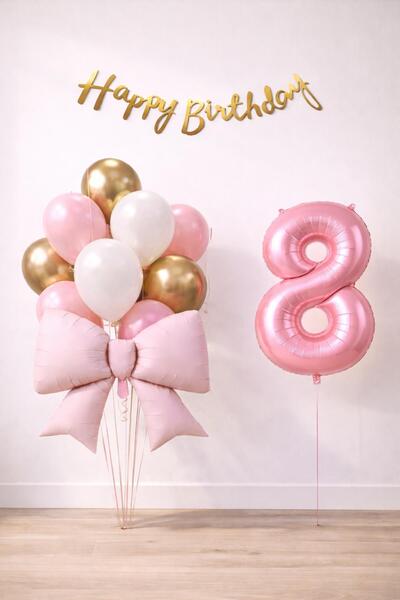Patladı Gitti Pink Bow 8Th Birthday Balloon Set