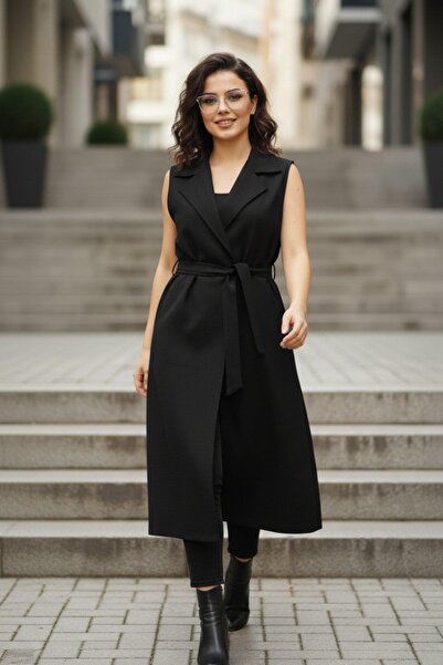 Mossta سترة ميدي بياقة واسعة وربطة عنق - أسود