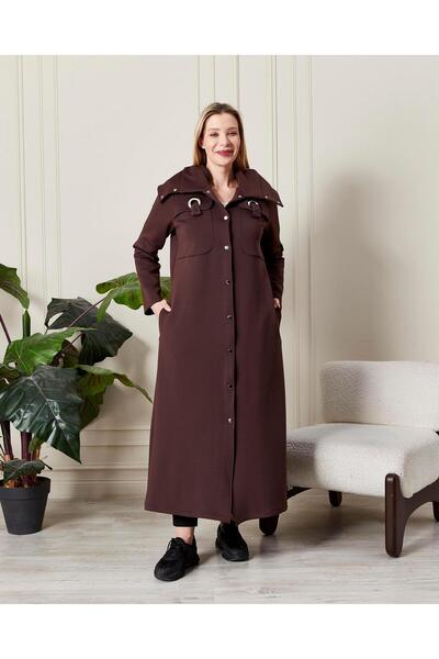 Zer Otantik Stylish Collared Hooded Buttoned Long Coat Brown