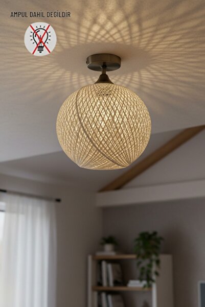 Bamyum Bohem Recycle İplik Jüt El Yapımı Krem İplik Piramit Plafonyer Başlık ...