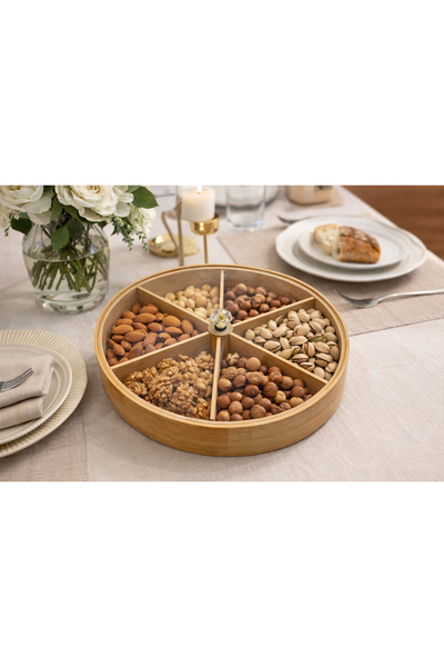 Çelik Ayna Bambu Bölmeli Kapaklı Kuruyemişlik