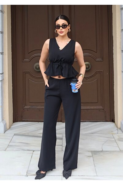 BEJNA Women's Elastic Waist Blouse and Pants Top and Bottom Set