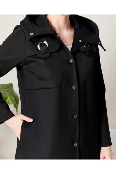 Zer Otantik Stylish Collared Hooded Buttoned Long Coat Black