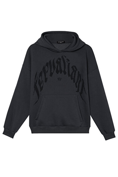 Fer Valiant Unisex Curved Stone Printed Oversized Hooded Sweatshirt
