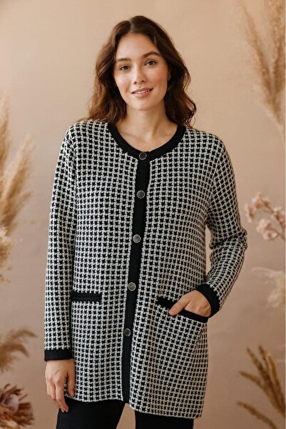 Miray Erdoğan T4121 O yaka Kazayağı Desen Düğmeli Triko Ceket