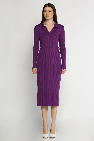 azragül giyim Polo Yaka Bel Bağlamalı Uzun Triko Elbise