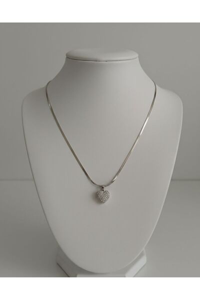 Butik 316L Çelik Kararmaz Taşlı Narin Kalp Kolye Gümüş Renk Suya Dayanıklı An...