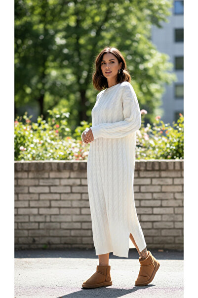 YusGos Crew Neck Braided Hair Detail Single Slit Knitwear Midi Dress