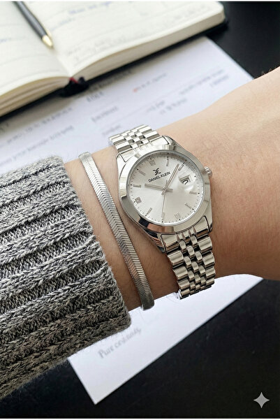 Daniel Klein Kadın Gümüş Renk Taşlı Kadran Takvimli Kol Saati Balıksırtı Gümü...