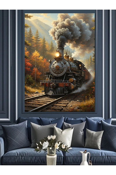 Mushen Studio Pânză decorativă cu peisaj de locomotivă cu tren fumuriu - Tabl...