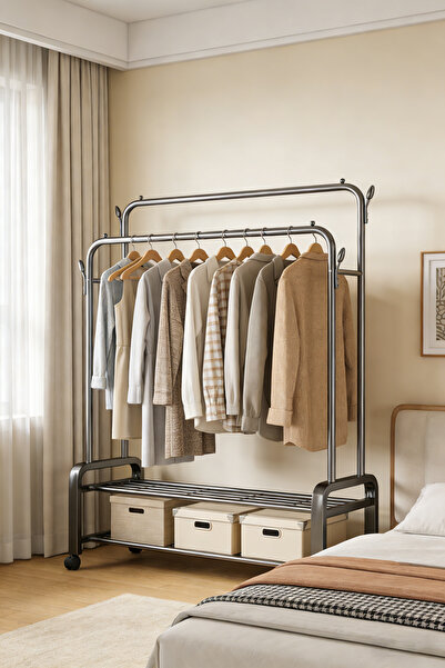 dida-cosmos Metal Clothes Hanger Organizer,Black Double Layer Clothes Rack，Wi...