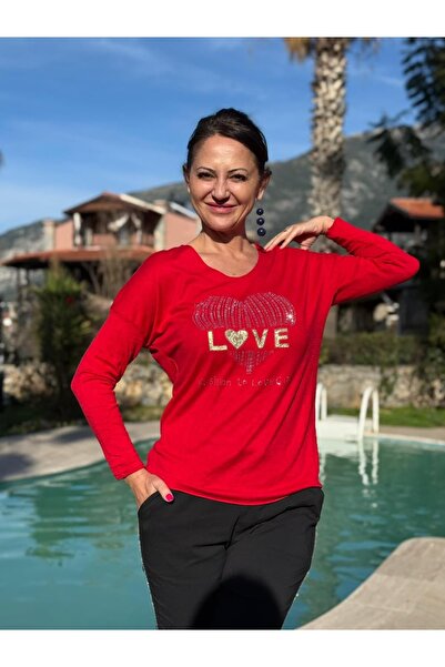 Punta Otantik Yg27040 Love Written Stoned Italian Knitwear Blouse Red