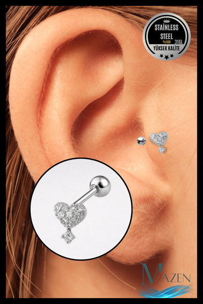 MAZEN Kalp Model Taşlı Sallantılı Tragus Piercing | Gümüş Renk 316L Çelik | Z...