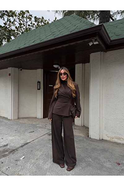 Laluvia Brown 4-Side Buttoned Jacket and Trousers Set - 202602