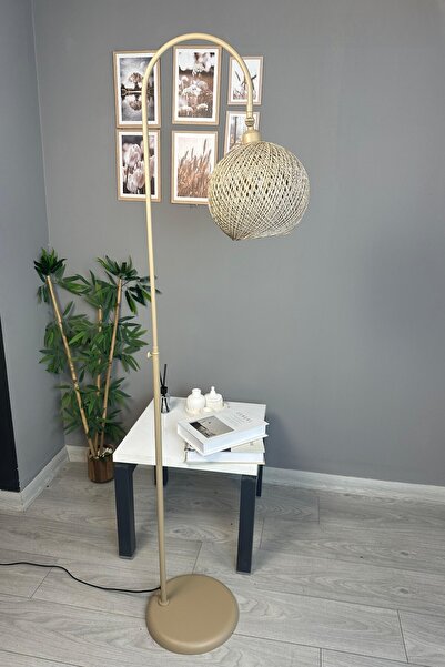 Bamyum Bohem Recycle İplik Jüt El Yapımı Bej İplik Bej Lambader Metal Zemin L...