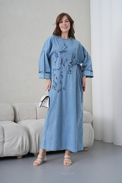Miss Allos Rochie lungă din denim pentru femei, cu croială largă, cu detaliu ...