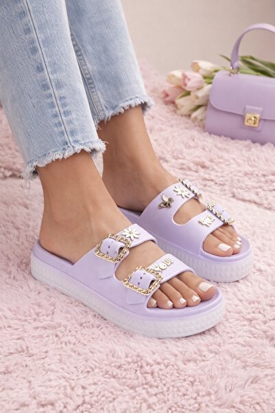 Peta Premium Look: Women's Slippers with Floral Detail and Stone Buckle