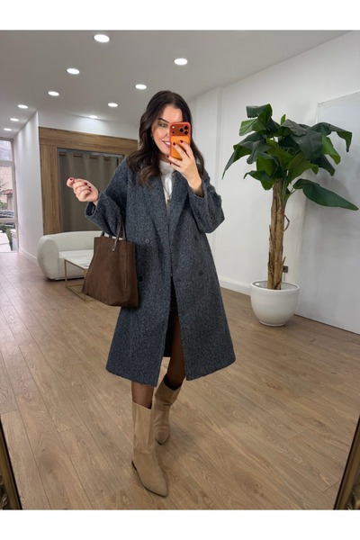 2she Premium Seri Kolu Düğmeli Buklet Kaban - Antrasit