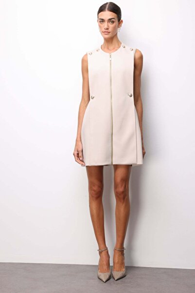 Ekol Süs Düğmeli Fermuarlı Midi Elbise