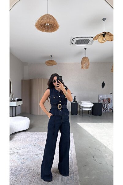 Buket Teke Gold Detaylı Jean Pantolon Yelek Takım