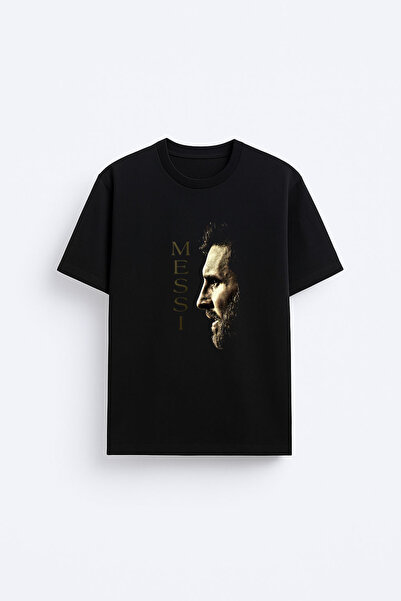 AYDESİGN Tricou negru unisex cu imprimeu Messi, cu gâtul tip crew neck