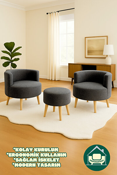 DEEPHOME DH Netherland Siyah Çay Seti İkili Koltuk Berjer Ve Puf Takımı