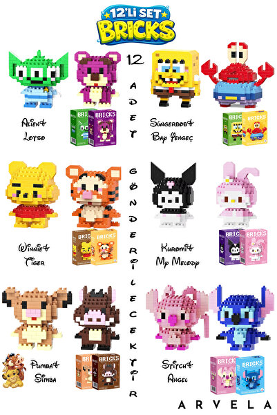 Arvela En Sevilen Animasyon Karakterleri Bricks 12'li Set