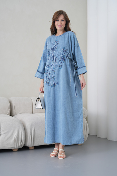 Miss Allos Women's Wide-Fit Long Denim Dress with Bead Embroidery Detail on t...