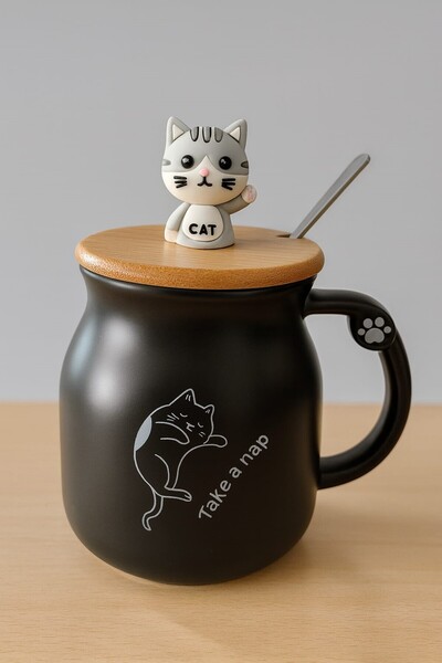 peanelife Premium Bamboo Lid Cute Cat Design Mug