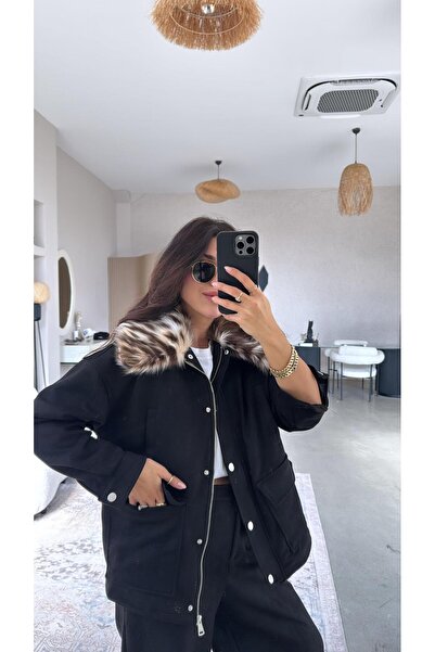 Buket Teke Set de pantaloni și haină din blană de leopard nubuc negru