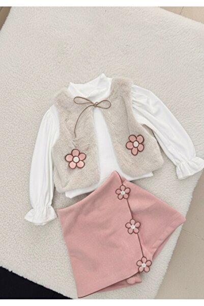 Veka Çiçek detaylı kadife şort etek takım