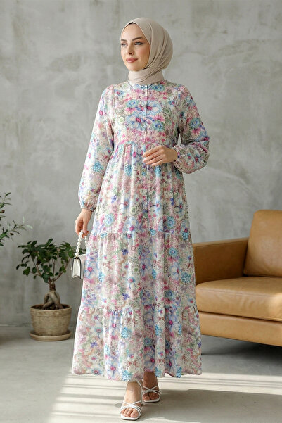 Kirazgym Women's Half-Button Elastic Sleeve Floral Tie-Dye Patterned Dress - ...