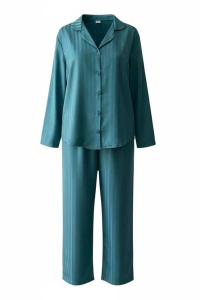 MJAMASS Turkuaz Dokulu Saten Pijama Takımı