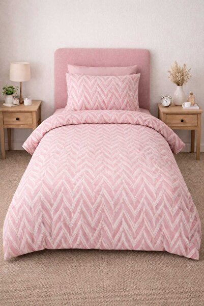 Seralay Home Pembe Zigzag Lastikli Çarşaflı Tek Kişilik Nevresim Takımı