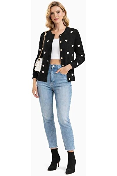 CHEVALIER FASHION Women’s Black Knit Cardigan with Heart Pattern