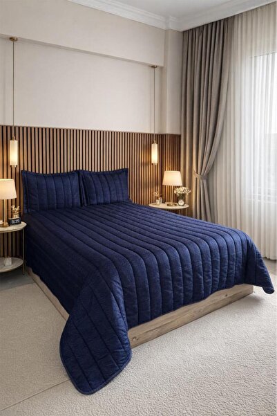 Çeyiz Diyarı Velmira Jacquard Velvet Fiber Filled Bedspread 240X240 cm Navy Blue