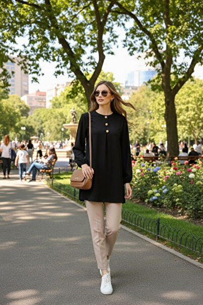 EN WOMAN Black Gofre Fabric Draped Tunic with Slits on the Sides and Zero Nec...