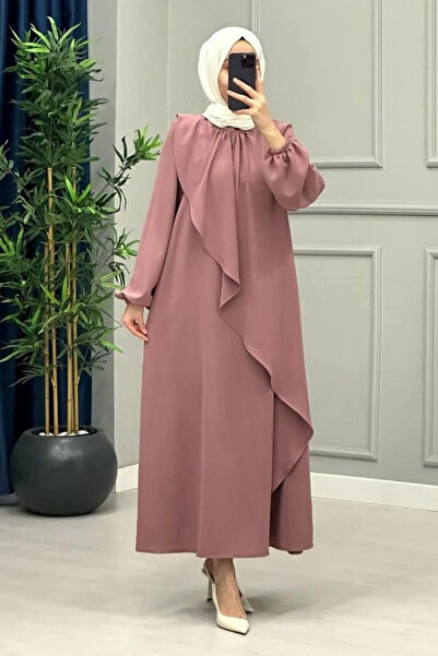 Tesettür Diyarı Rochie Tesettür din țesătură crep Mihri cu volane - Roz prăfuit