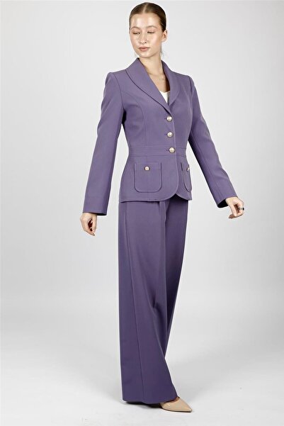 ÖNDER ÖZSOY Shawl Collar Pocketed Sports Jacket & Classic Palazzo Women's Tro...