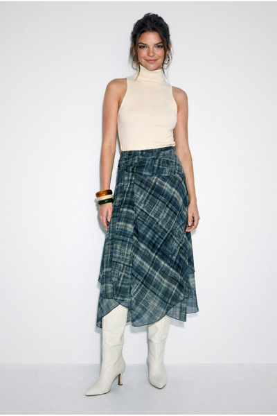 Bianco Lucci Women's Plaid Patterned Astral Asymmetrical Midi Skirt 20097 602...