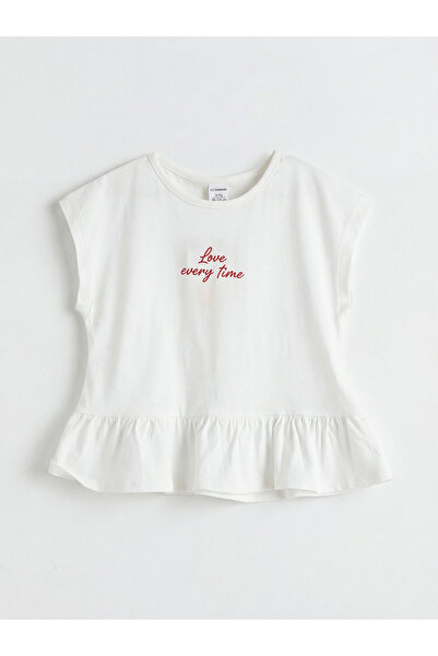 LC Waikiki Lcw Kidsekru Crew Neck Embroidered Girls' Ruffle T-Shirt