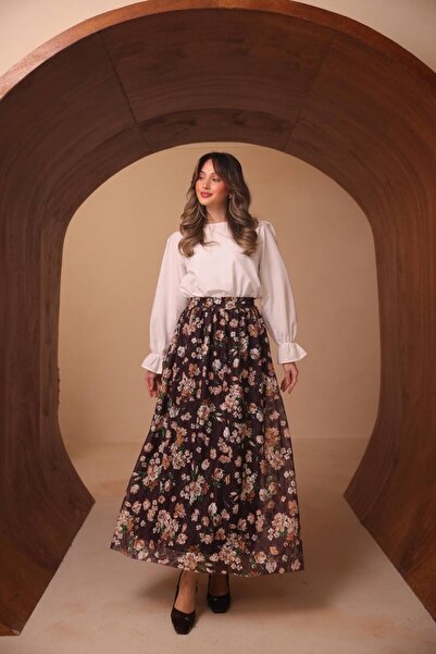 VOICTEC Elastic Waist Lined Floral Patterned Lace Skirt