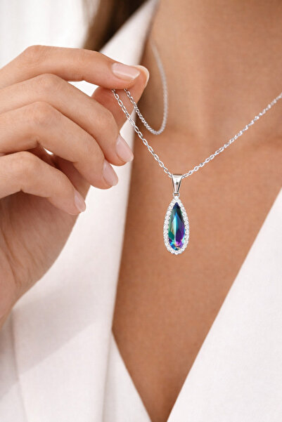 HYPNOSE SİLVER 925 Ayar Gümüş Mistik Topaz Taşlı Uzun Damla Kolye (2,3 cm) – ...