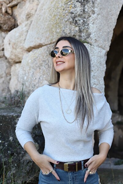 bytugcekaya Gray Boat Neck Ribbed Knitwear Blouse