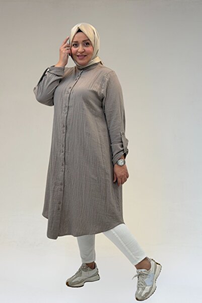 Eslina 58092 قميص موسلين كبير الحجم بتفاصيل أزرار مزدوجة - مينك