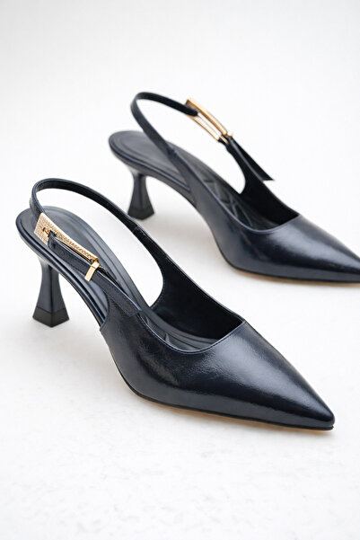 ELAIA SHOES Aris Navy Blue Stone Buckle Detailed Pointed Toe Heeled Women's S...